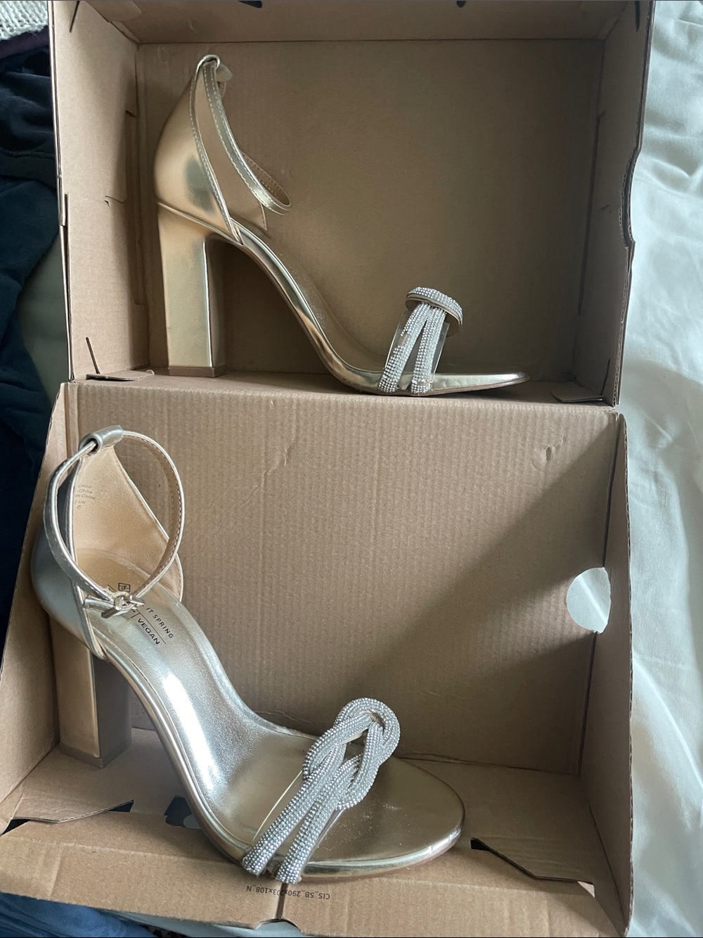 Call It Spring Metallic Gold Block Heel Sandals with Knotted Crystal Strap